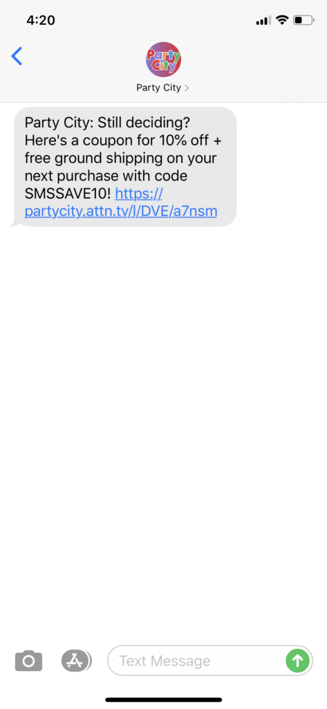 Party City Text Message Marketing Example - 05.27.2020