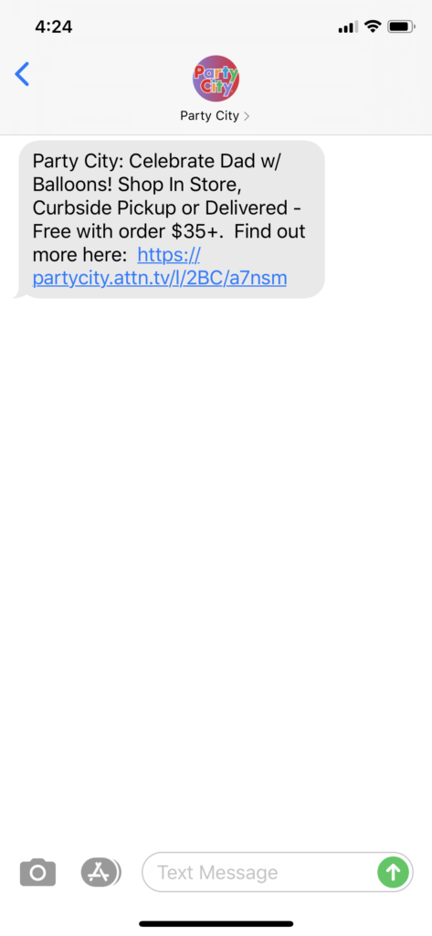 Party City Text Message Marketing Example - 06.20.2020