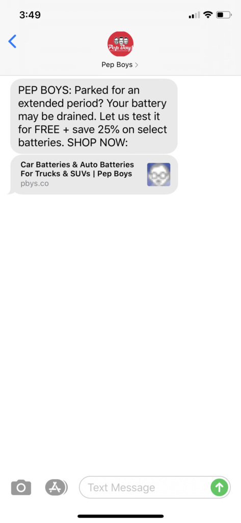 Pep Boys Text Message Marketing Example - 05.29.2020