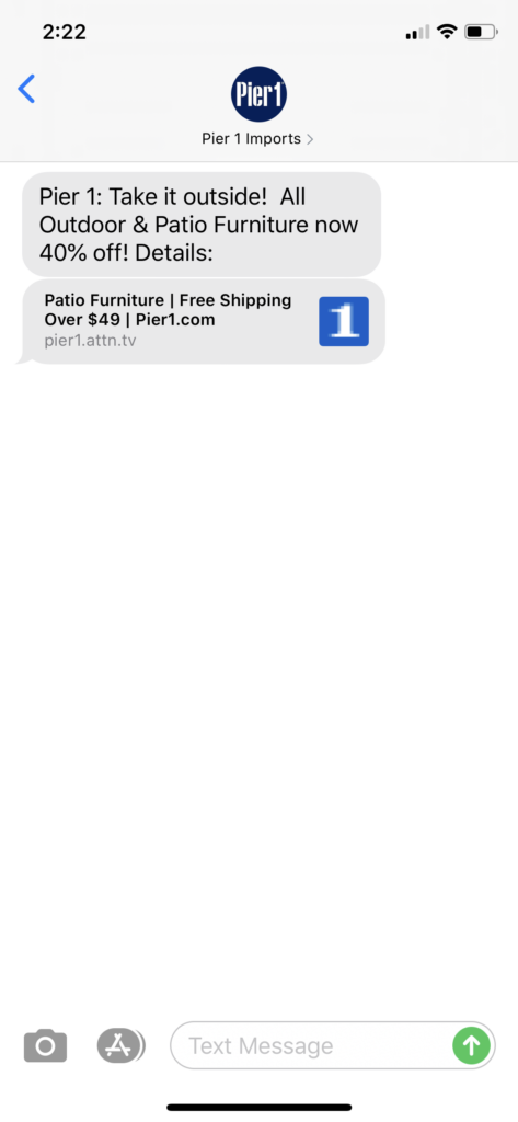 Pier 1 Imports Text Message Marketing Example - 06.05.2020