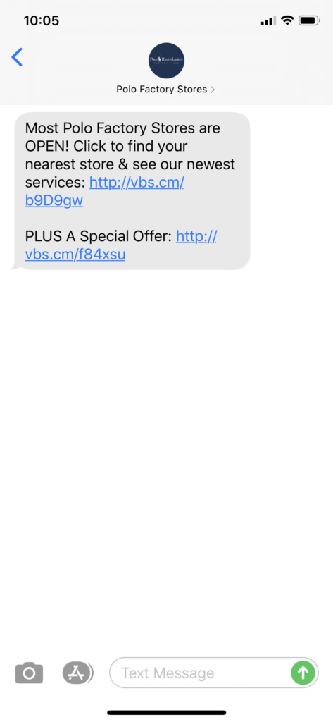 Polo Factory Stores Text Message Marketing Example - 06.12.2020