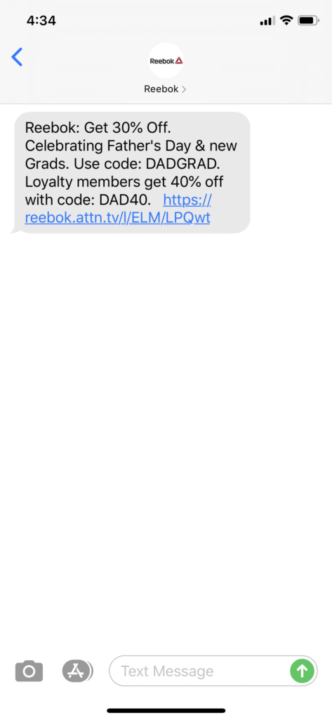 Reebok Text Message Marketing Example - 06.21.2020
