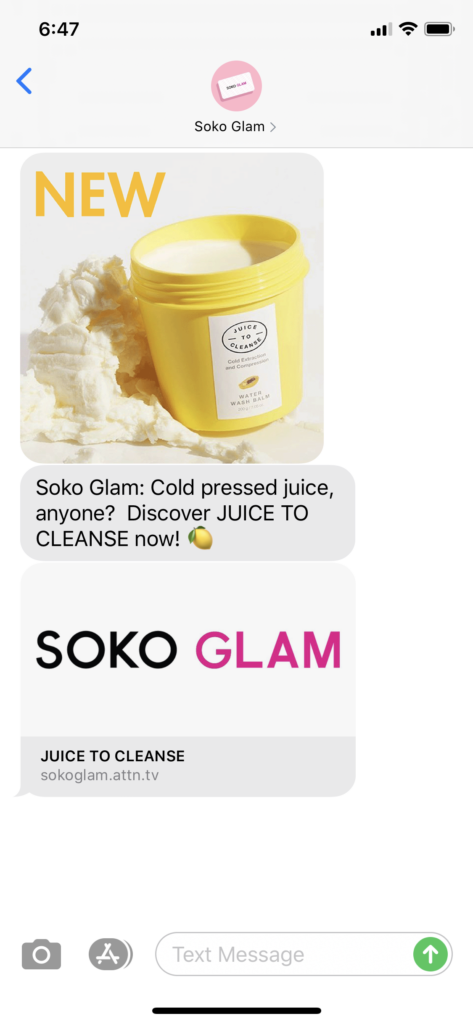 Soko Glam Text Message Marketing Example - 06.15.2020