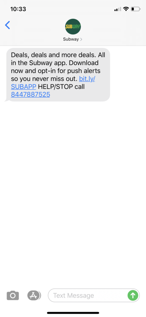 Subway Text Message Marketing Example - 05.29.2020