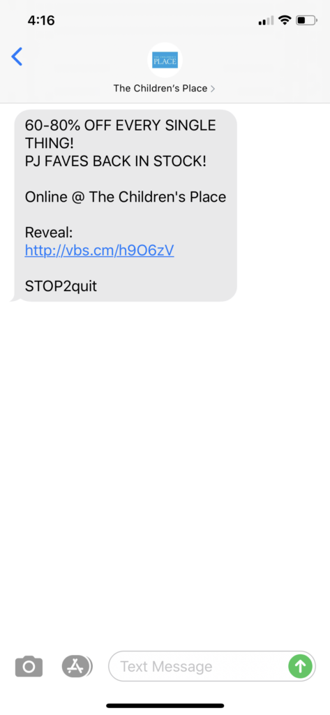 The Children’s Place Text Message Marketing Example - 05.28.2020
