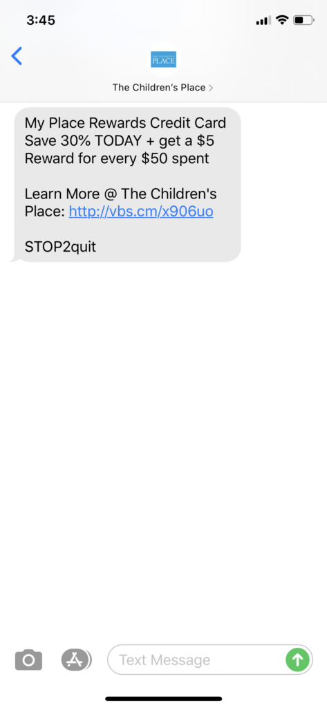 The Children’s Place Text Message Marketing Example - 05.29.2020
