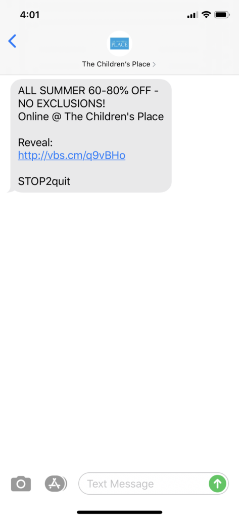 The Children’s Place Text Message Marketing Example - 06.18.2020