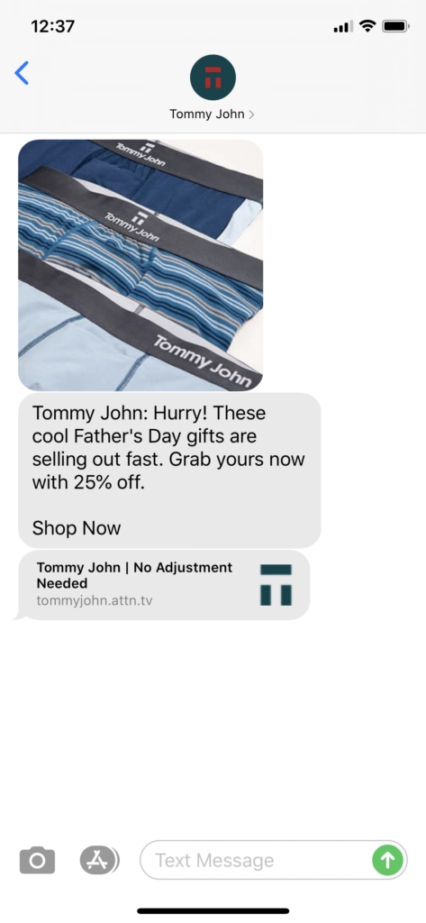 Tommy John Text Message Marketing Example - 06.07.2020