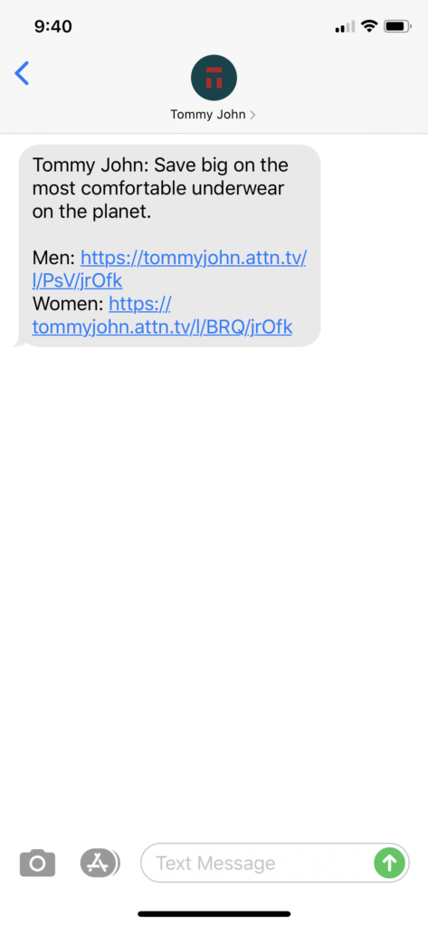 Tommy John Text Message Marketing Example - 06.09.2020