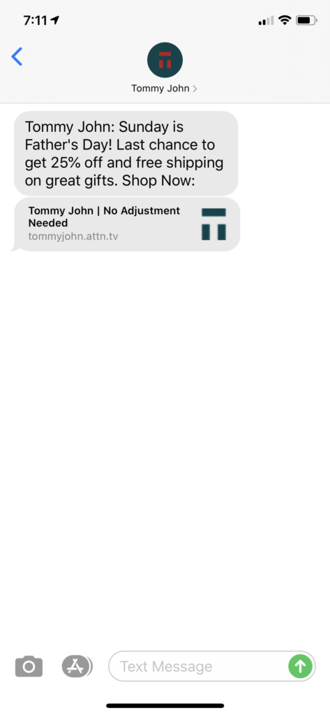 Tommy John Text Message Marketing Example - 06.16.2020