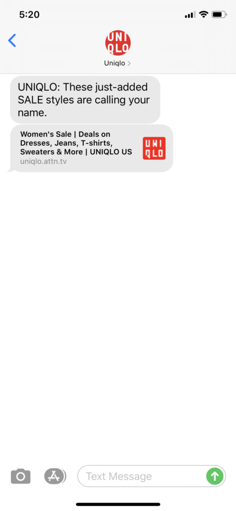 UNIQLO Text Message Marketing Example - 06.17.2020