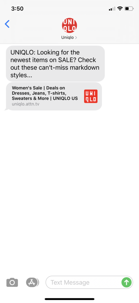 Uniqlo Text Message Marketing Example - 05.29.2020