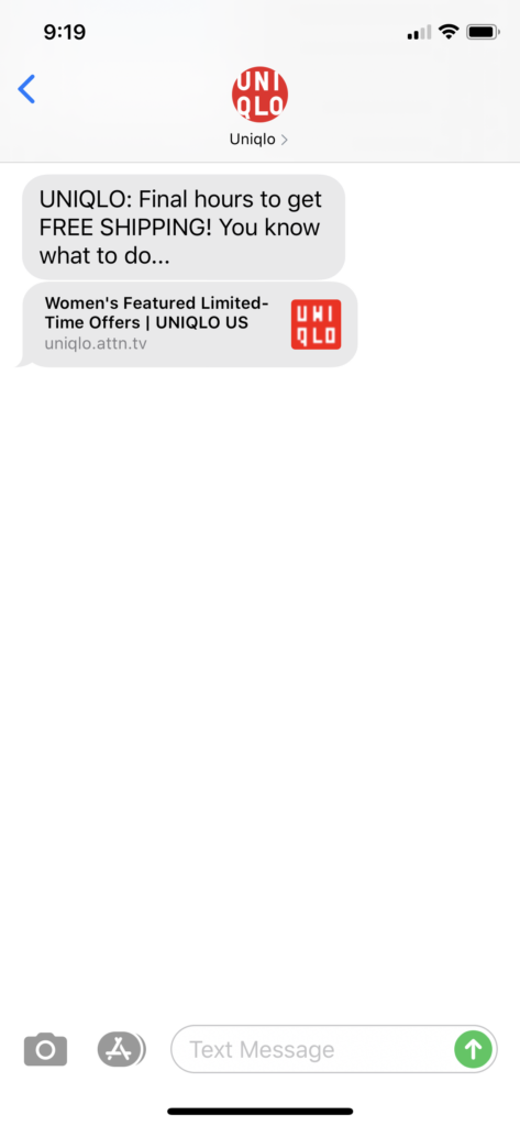 Uniqlo Text Message Marketing Example - 06.14.2020