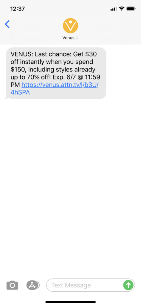 Venus Text Message Marketing Example - 06.07.2020