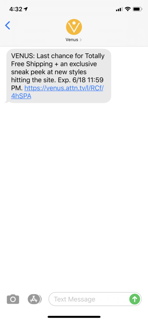 Venus Text Message Marketing Example - 06.18.2020