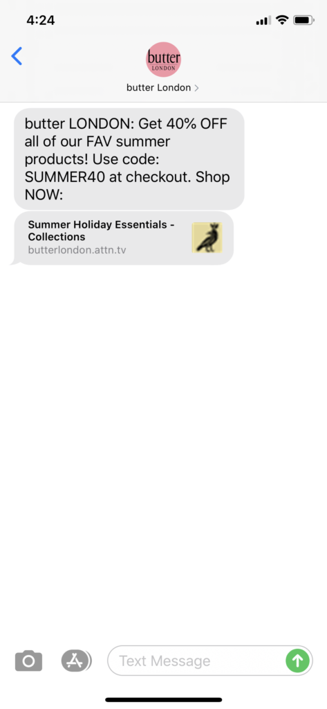 butter London Text Message Marketing Example - 06.20.2020