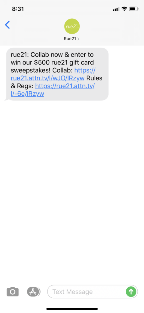 rue21 Text Message Marketing Example - 06.04.2020