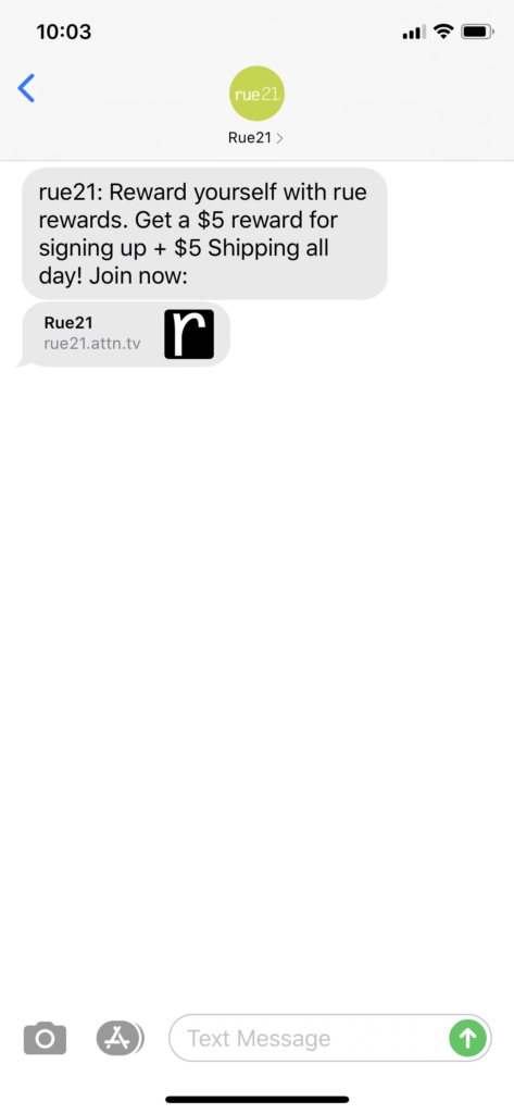 rue21 Text Message Marketing Example - 06.12.2020