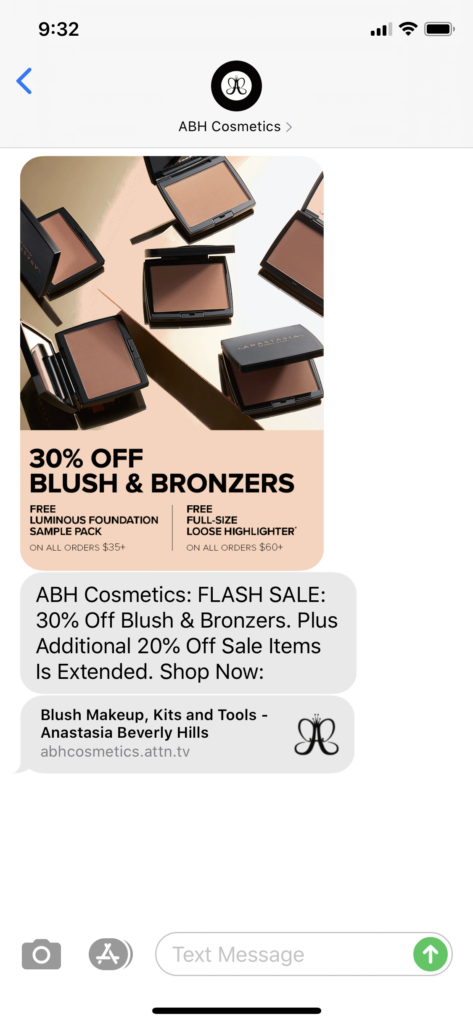 ABH Cosmetics Text Message Marketing Example - 07.01.2020