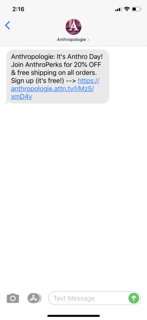 Anthropologie Text Message Marketing Example - 07.17.2020