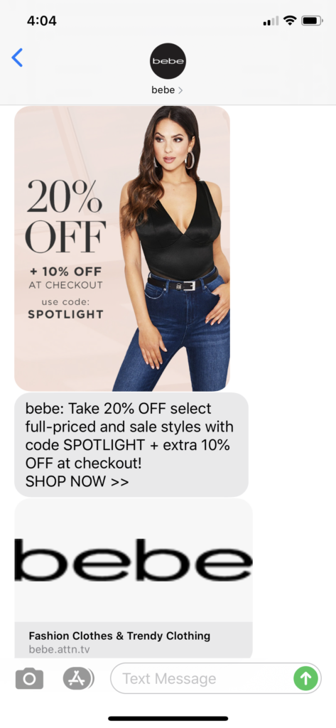 Bebe Text Message Marketing Example - 06.28.2020