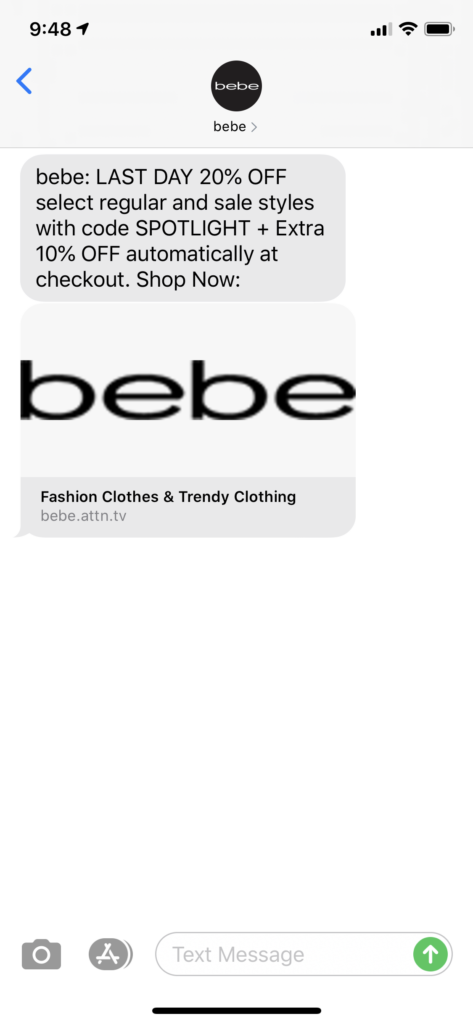 Bebe Text Message Marketing Example - 06.30.2020