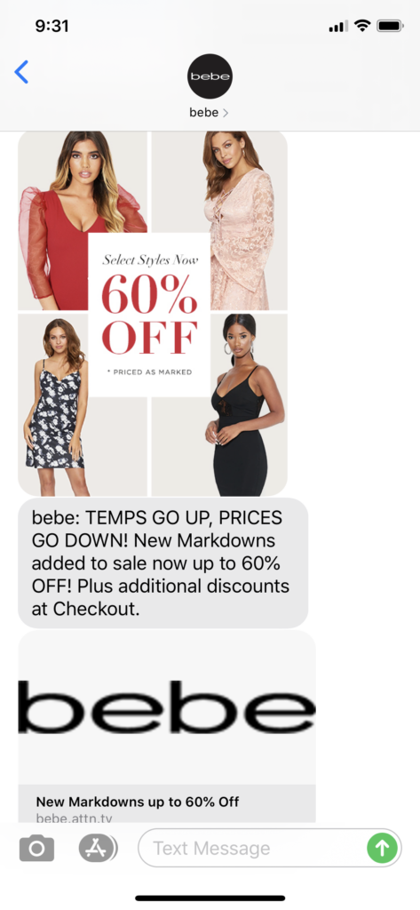 Bebe Text Message Marketing Example - 07.01.2020