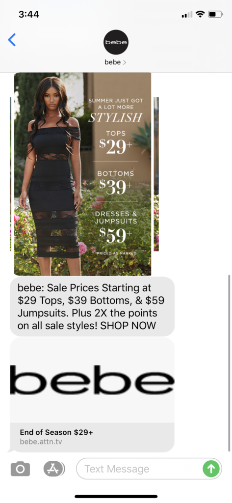 Bebe Text Message Marketing Example - 07.06.2020
