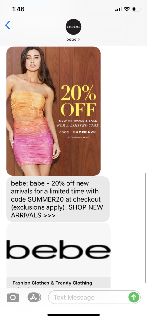 Bebe Text Message Marketing Example - 07.10.2020
