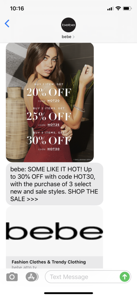Bebe Text Message Marketing Example - 07.23.2020