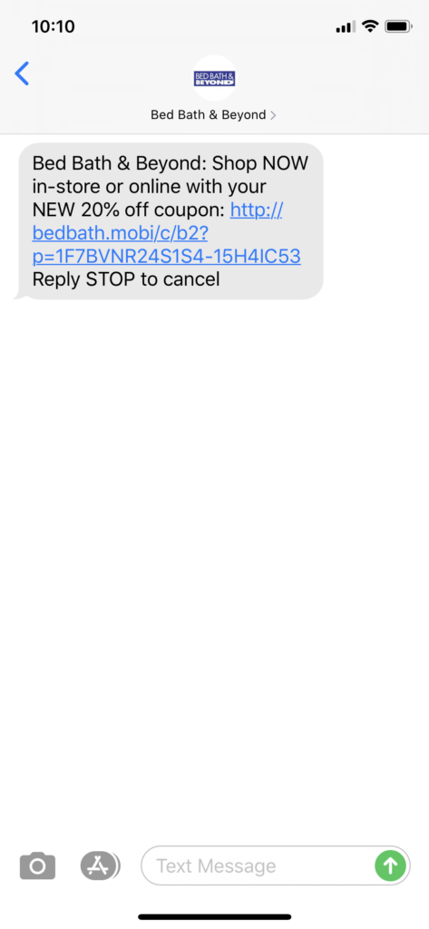 Bed Bath & Beyond Text Message Marketing Example - 06.23.2020