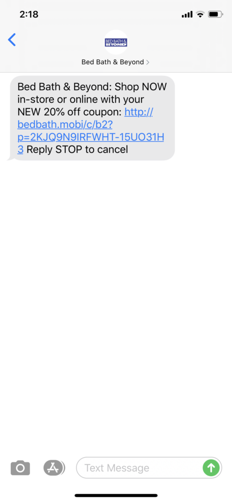 Bed Bath & Beyond Text Message Marketing Example - 07.14.2020