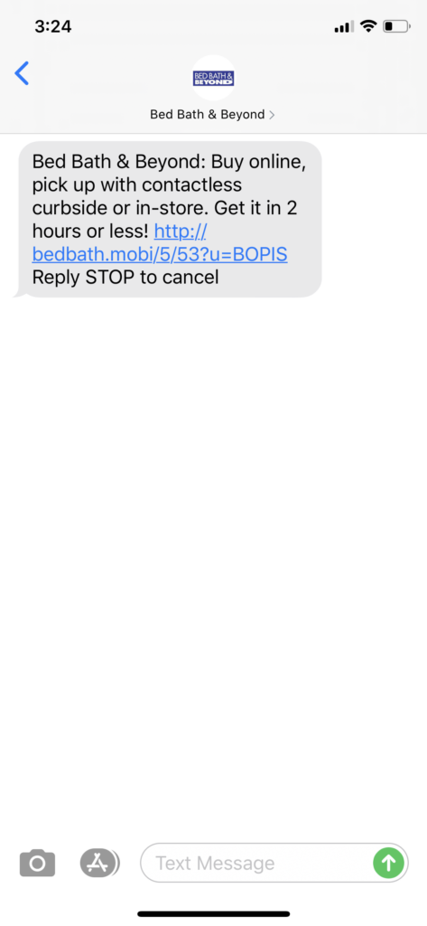 Bed Bath & Beyond Text Message Marketing Example - 07.16.2020