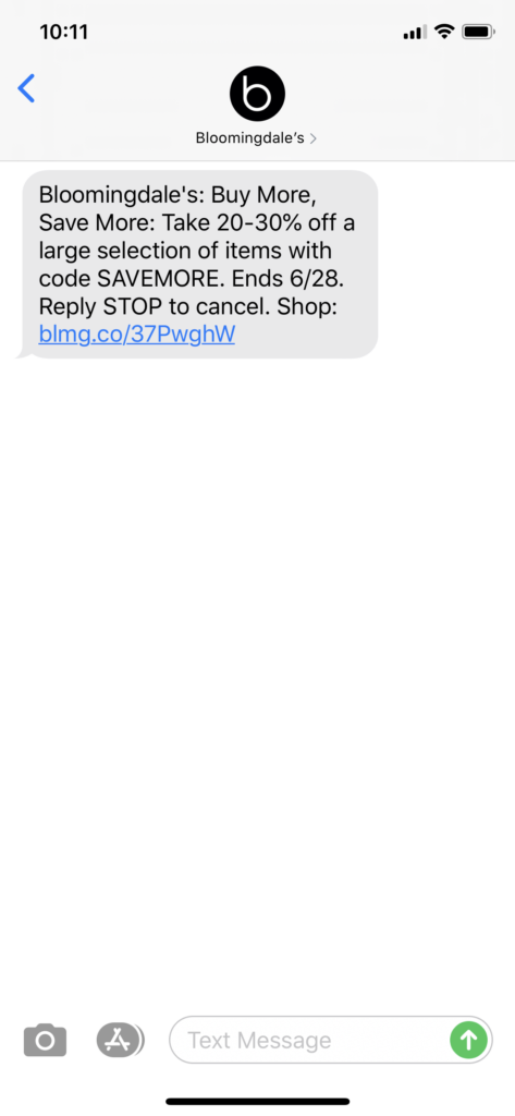 Bloomingdale’s Text Message Marketing Example - 06.23.2020
