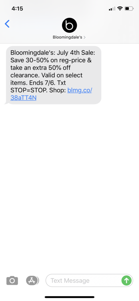 Bloomingdale’s Text Message Marketing Example - 06.30.2020