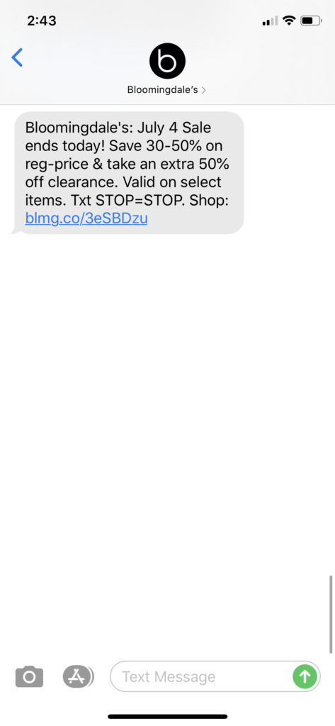 Bloomingdale’s Text Message Marketing Example - 07.06.2020