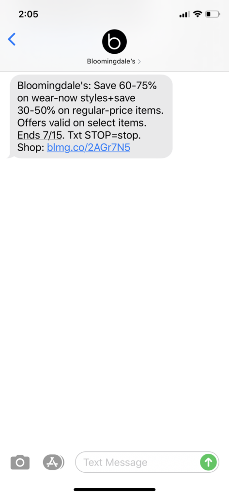 Bloomingdale’s Text Message Marketing Example - 07.08.2020