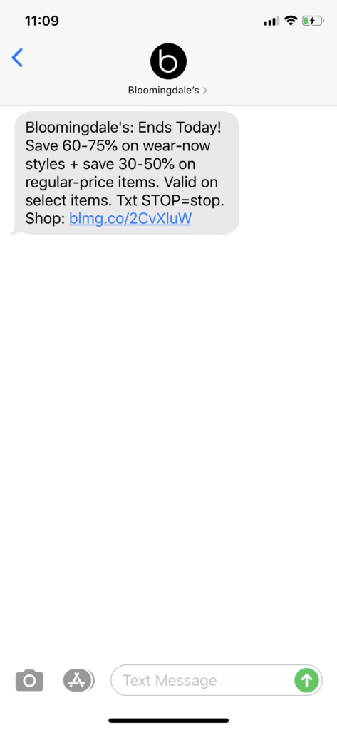 Bloomingdale’s Text Message Marketing Example - 07.15.2020