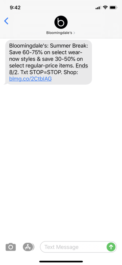 Bloomingdale’s Text Message Marketing Example - 07.24.2020