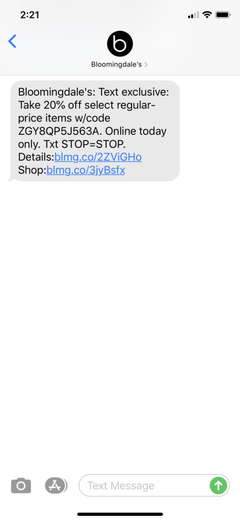 Bloomingdale’s Text Message Marketing Example - 07.26.2020
