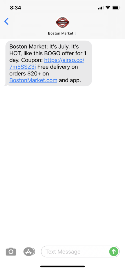 Boston Market Text Message Marketing Example - 07.09.2020