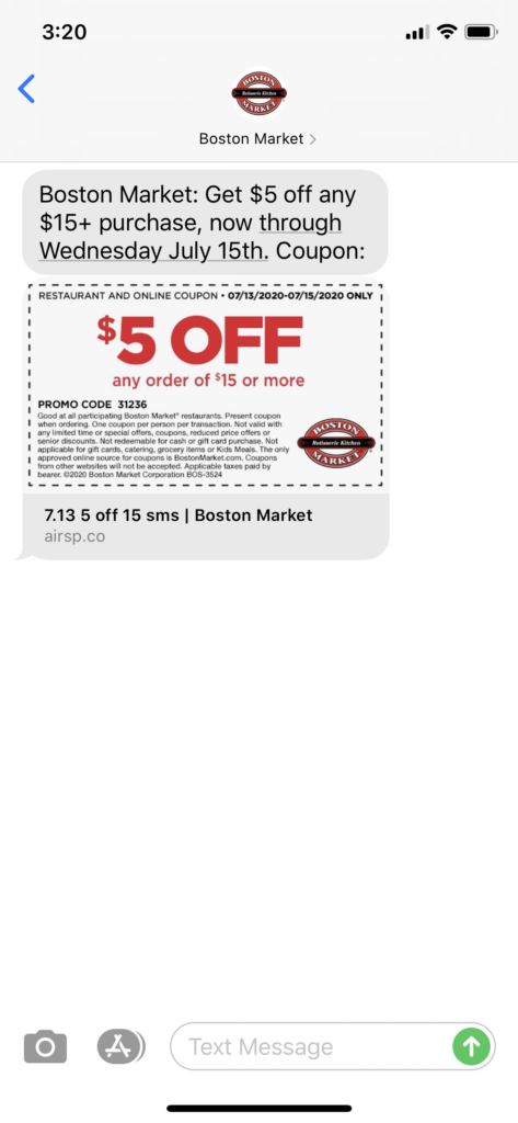 Boston Market Text Message Marketing Example - 07.13.2020