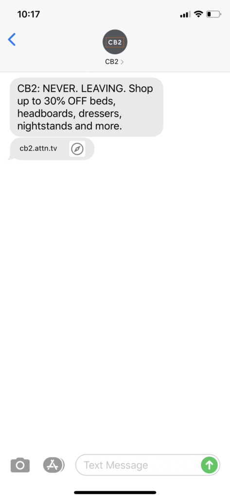 CB2 Text Message Marketing Example - 07.18.2020