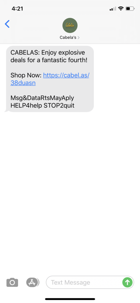 Cabela’s Text Message Marketing Example - 07.01.2020