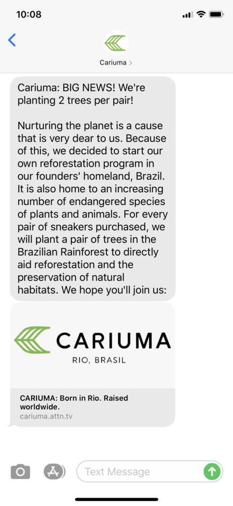Cariuma Text Message Marketing Example - 06.24.2020