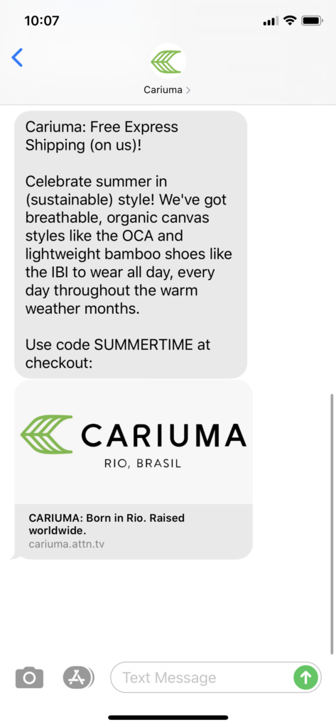 Cariuma Text Message Marketing Example - 06.25.2020