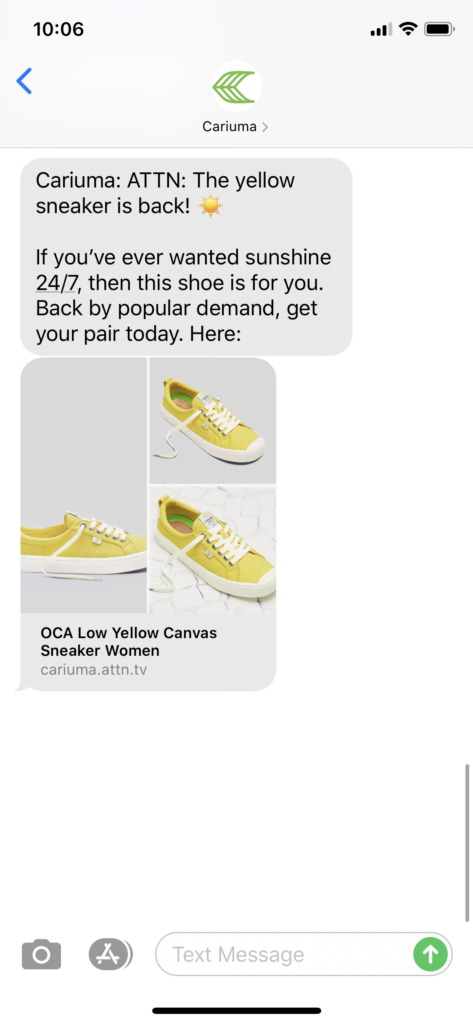 Cariuma Text Message Marketing Example - 06.28.2020