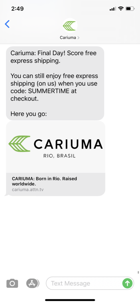 Cariuma Text Message Marketing Example - 07.06.2020