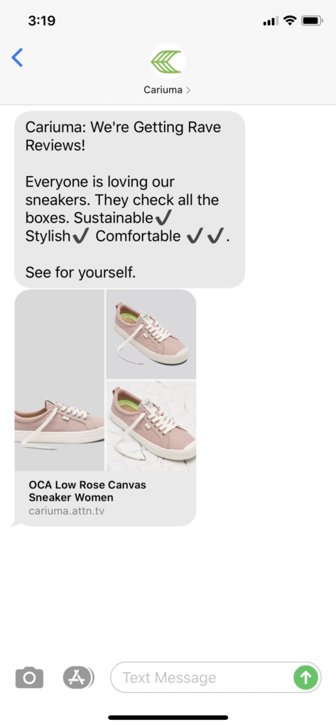 Cariuma Text Message Marketing Example - 07.13.2020