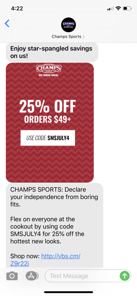 Champs Sports Text Message Marketing Example - 07.01.2020